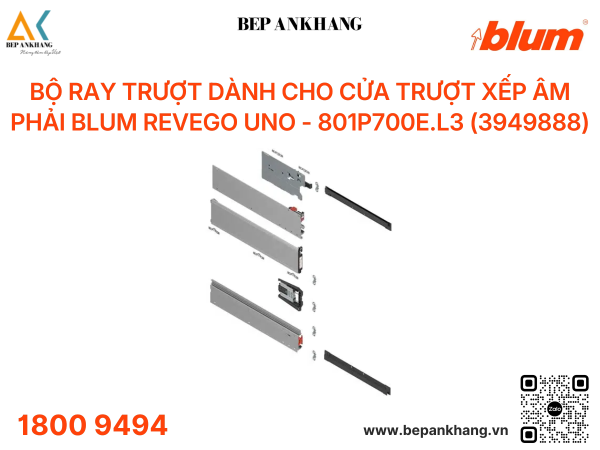 Bộ ray trượt dành cho cửa trượt xếp âm trái Blum REVEGO uno 801P700E.L3 (3949888) - NL=700 mm